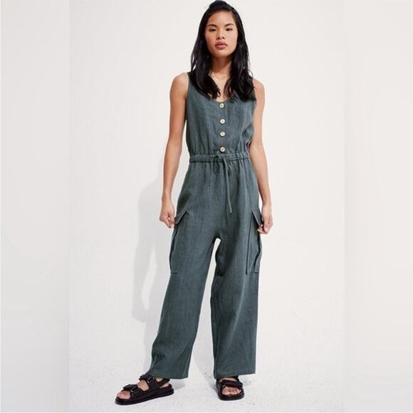 Back Beat Co Linen Blend Cargo Jumpsuit Deep teal  Utility Lounge Coastal Size M - Picture 9 of 9